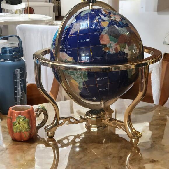Large Vintage Blue Lapis Semi-Precious Gemstone World Globe With Compass